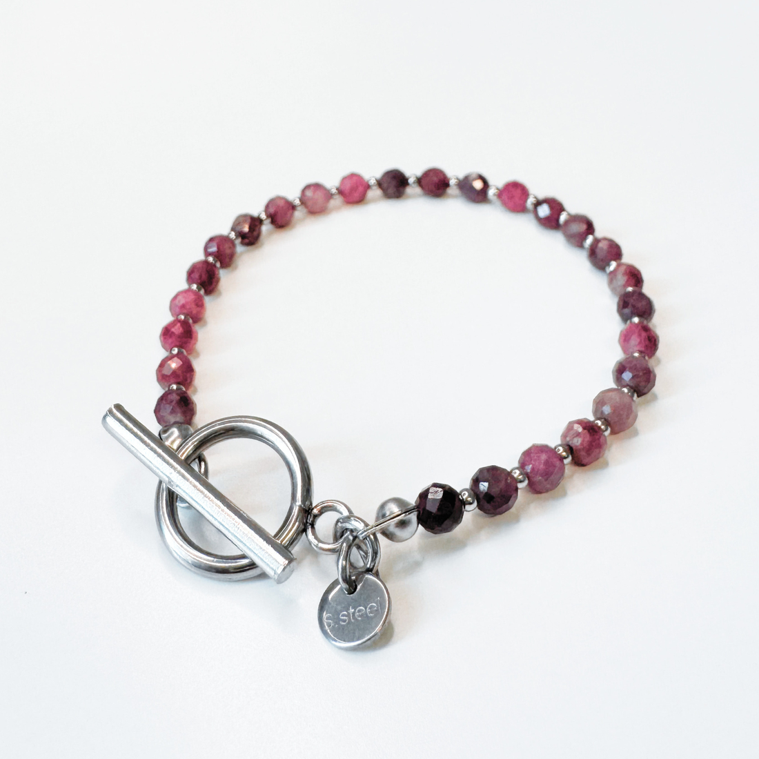 Bratara argintie din turmalina roz si otel inoxidabil cu inchizatoare toggle - bijuterii - brățări - brățări din pietre semiprețioase - Artynos.ro