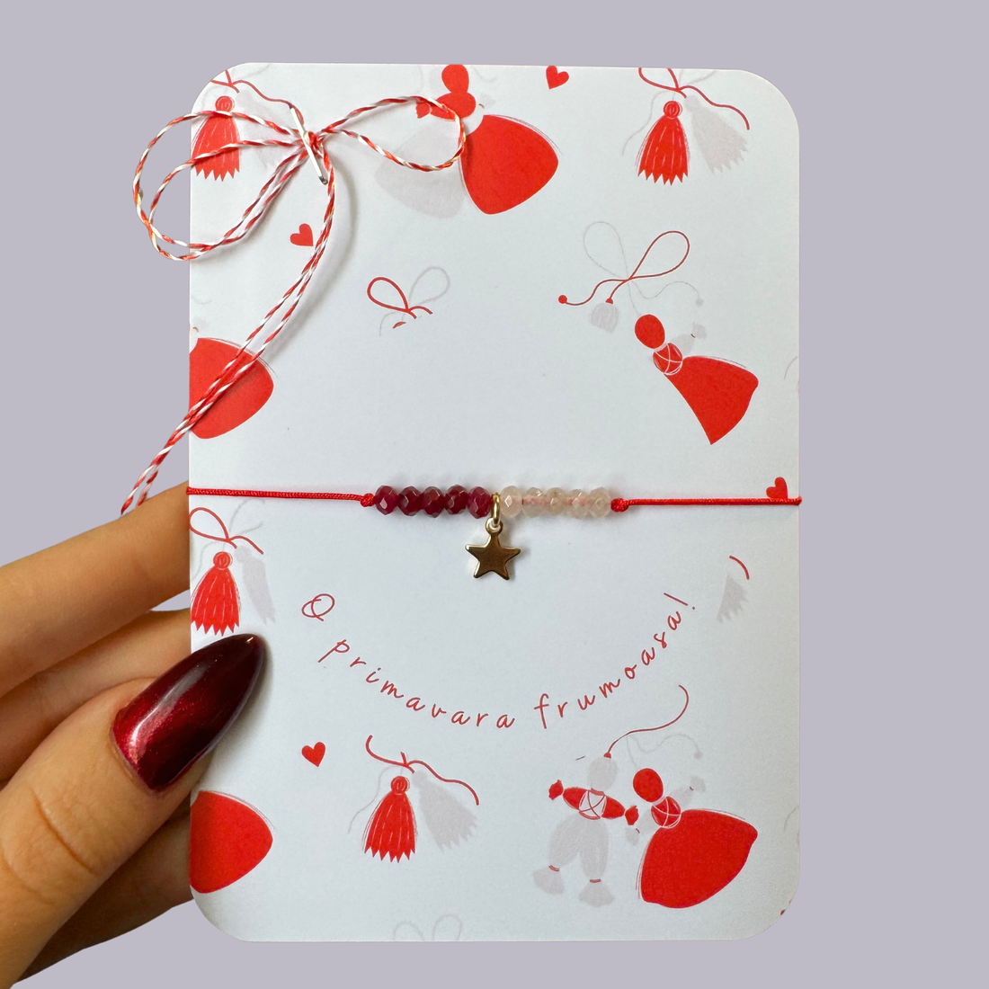 Bratara martisor din jad alb si grena cu stelua aurie din otel inoxidabil - bijuterii - mărțișor - Artynos.ro