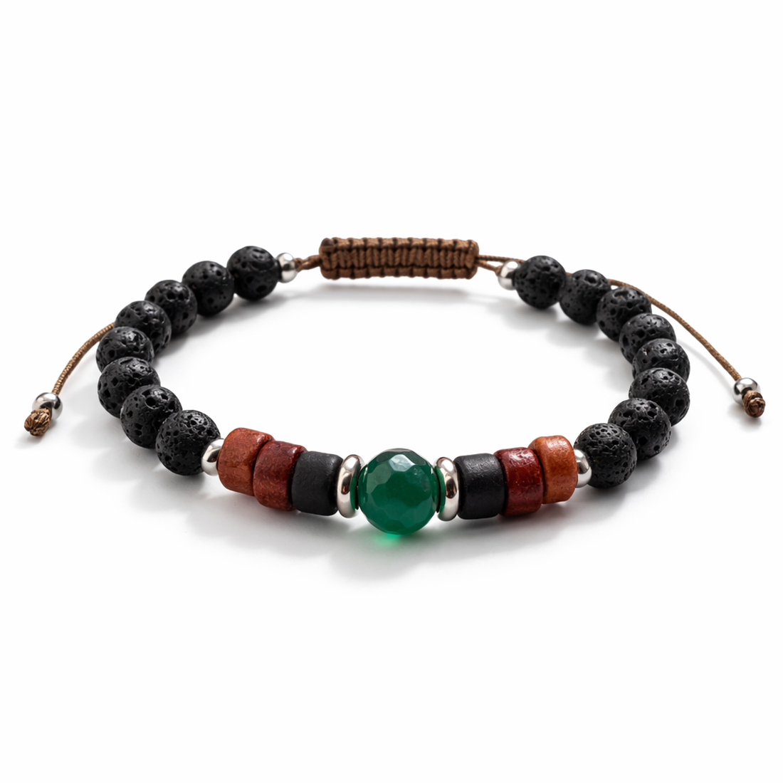 Bratara barbati din jad verde, ceramica si margele negre din roca vulcanica - bijuterii - brățări - brățări din mărgele - Artynos.ro