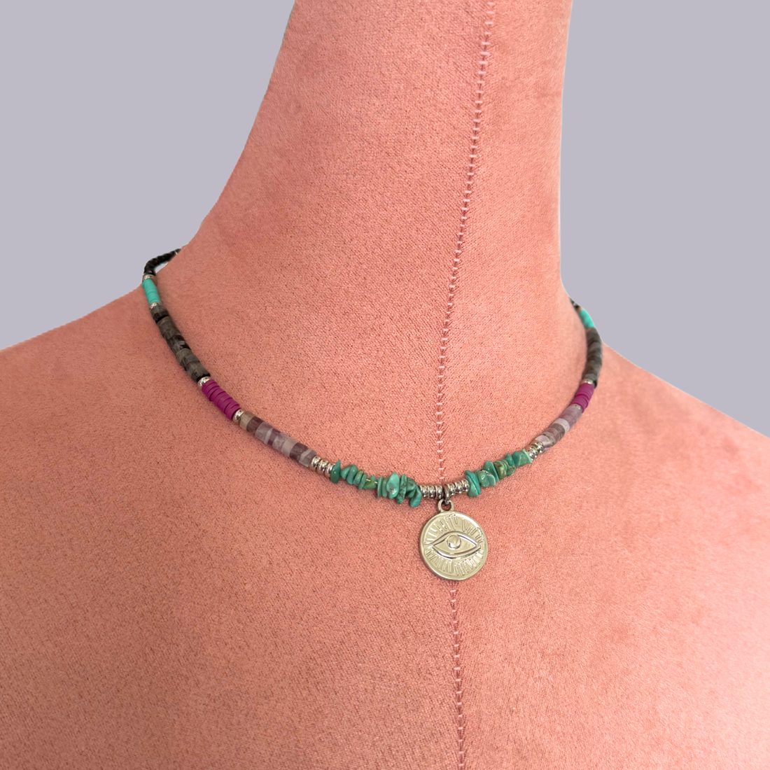 Colier colorat cu cristale si pandantiv Evil Eye - ametist, turmalina, labradorit, turcoaz - bijuterii - coliere - coliere din pietre semiprețioase - Artynos.ro