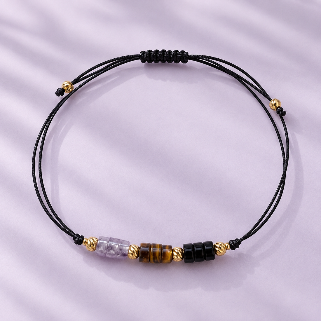 Brățară reglabilă din Onix negru, Ochi de Tigru și Ametist cu elemente din oțel inoxidabil - protectie energetica - bijuterii - brățări - brățări din pietre semiprețioase - Artynos.ro
