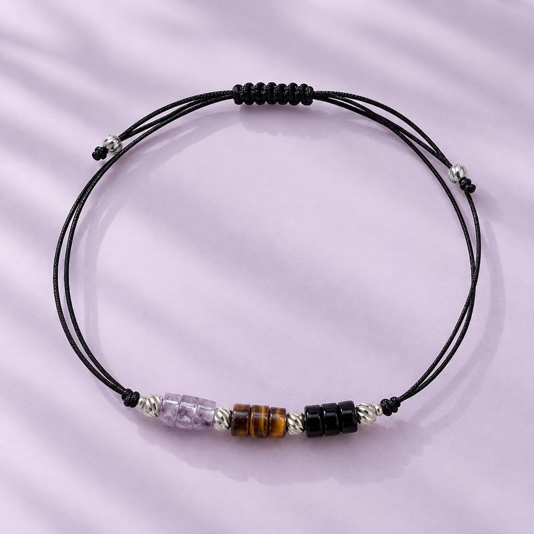 Brățară energetica cu Onix negru, Ochi de Tigru și Ametist cu elemente metalice din oțel inoxidabil - protectie si armon - bijuterii - brățări - brățări din pietre semiprețioase - Artynos.ro