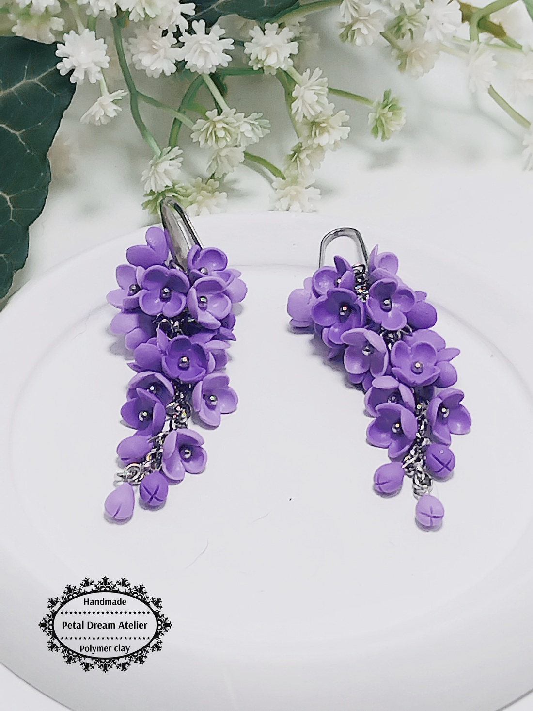 Cercei lungi cu flori de liliac - bijuterii - cercei - cercei lungi - Artynos.ro