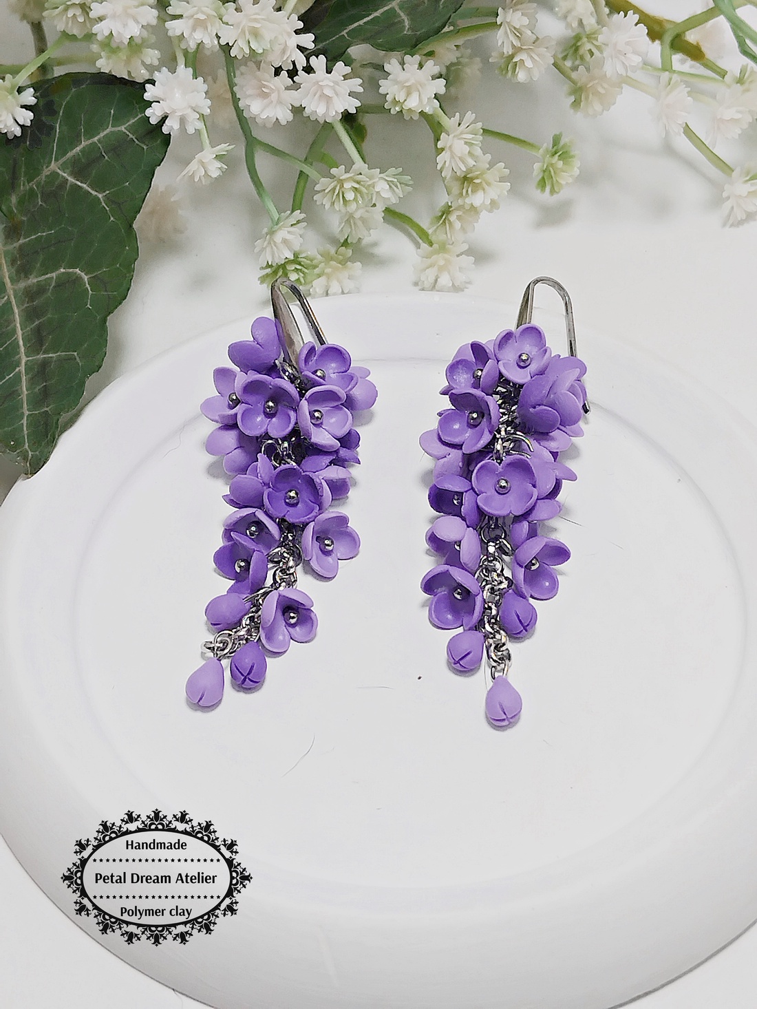 Cercei lungi cu flori de liliac - bijuterii - cercei - cercei lungi - Artynos.ro