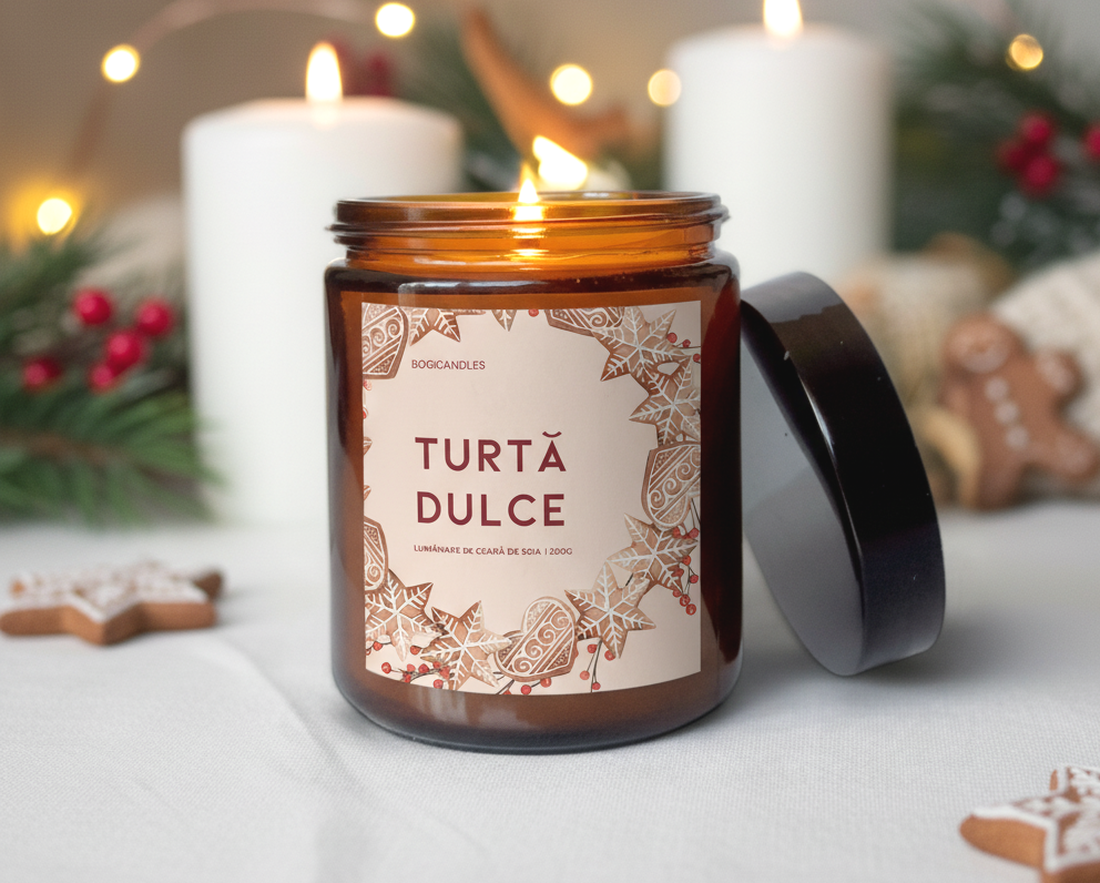 Lumânare cu TURTĂ DULCE - 200g 120g, Lumânare de Crăciun cu ceară de soia - crăciun - decorațiuni de crăciun de casă - lumânări parfumate de crăciun - Artynos.ro