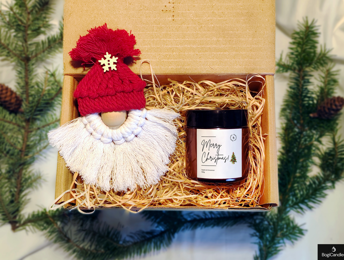 Moș Crăciun macrame cu lumânare, Cadou pentru iubită, colegă, părinți, cutie cadou - crăciun - decorațiuni de crăciun de casă - lumânări parfumate de crăciun - Artynos.ro