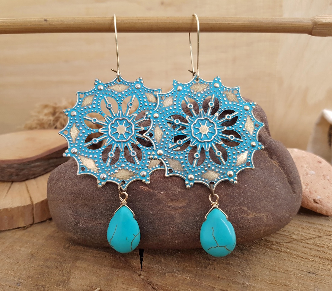Cercei cu piatra turcoaz, cercei atarnatori cercei antichizati, cercei vintage verdigris cercei turcoaz cadou bijuterie - bijuterii - cercei din pietre semiprețioase - Artynos.ro