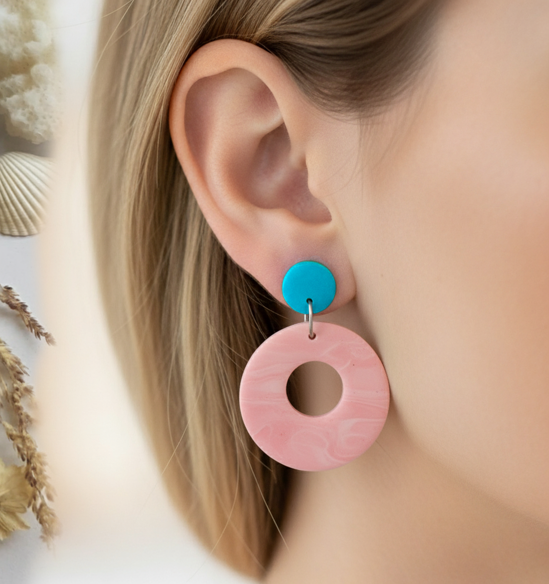 Cercei moderni fimo Cercei rotunzi cercei hoops cercei turcoaz roz cercei atarnatori  geometrici bijuterie moderna cadou - bijuterii - cercei - cercei hoops - Artynos.ro