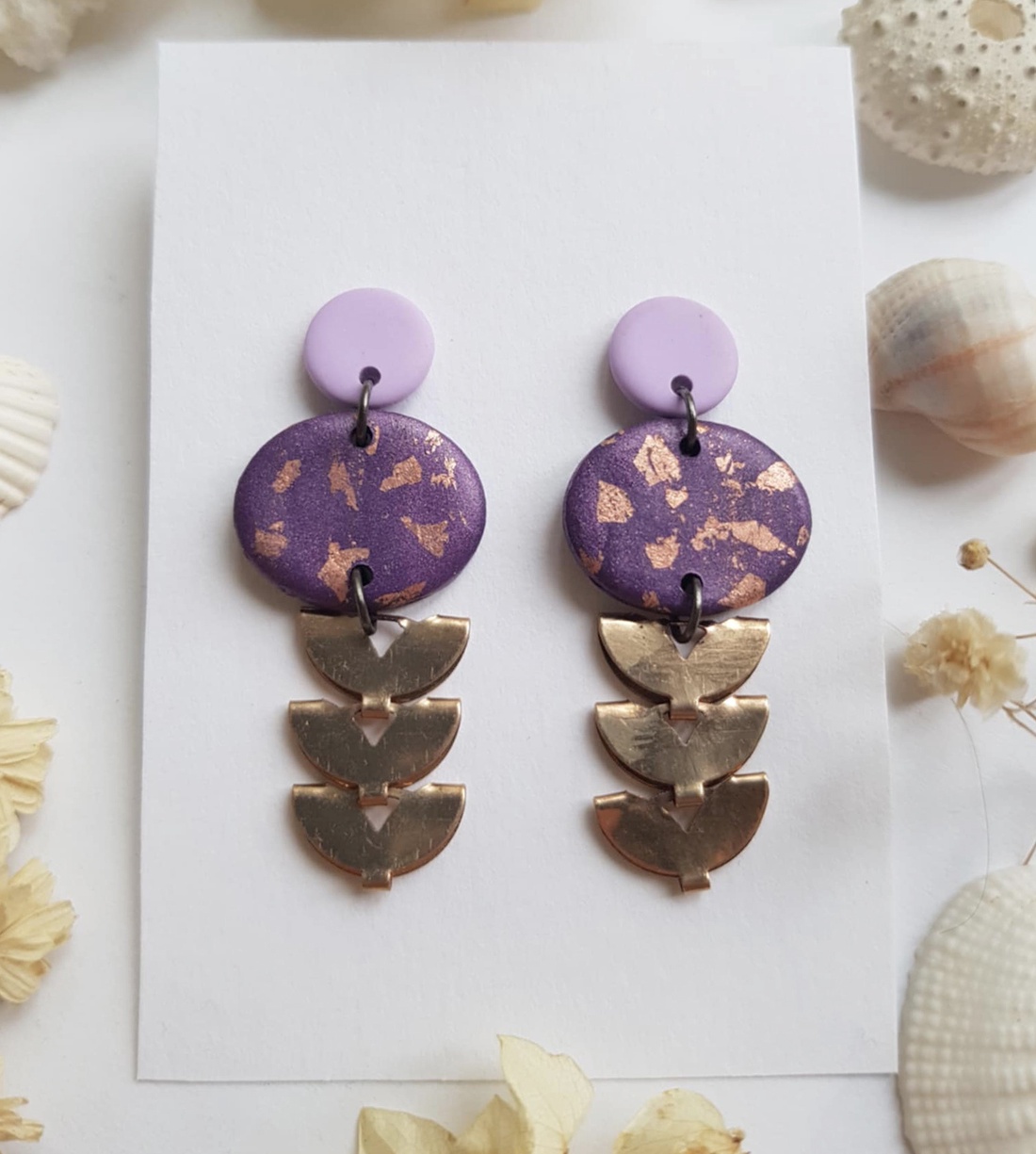 Cercei moderni cercei moderni violet si cupru, cercei cu frunze cercei atarnatori cu tija, bijuterie contemporana cadou - bijuterii - cercei - cercei lungi - Artynos.ro