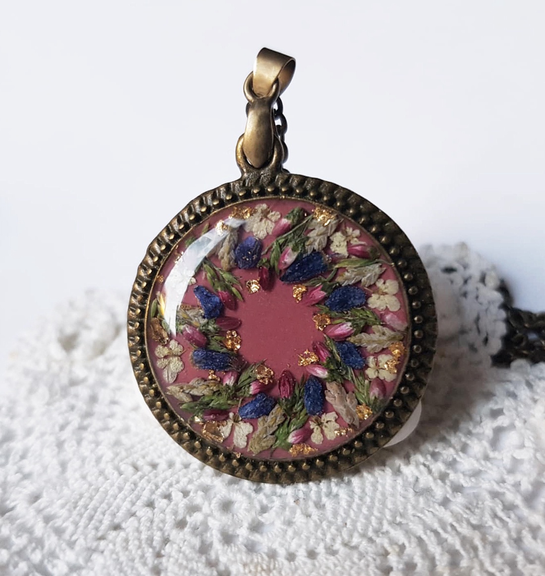 Colier coronita Craciun Pandantiv vintage rasina flori naturale buchet de flori colier floare verde cadou dama craciun - bijuterii - coliere - pandative - Artynos.ro