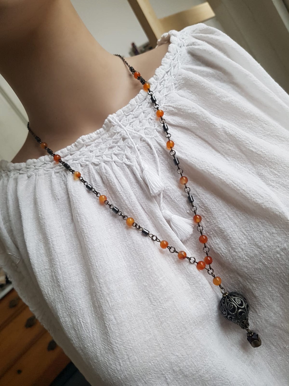 Colier lung artizanal Colier din margele semipretioase Pandantiv balon aer cald colier agate hematite colier rozariu - bijuterii - coliere - coliere din pietre semiprețioase - Artynos.ro