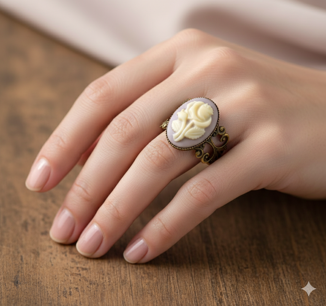 Inel camee inel reglabil cu filigran inel ajustabil mov crem inel vintage cadou pentru fiica bijuterie cadou valentine - bijuterii - inele - inele statement - Artynos.ro