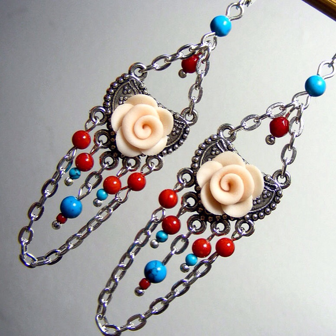 Cercei lungi cercei coral cercei atarnatori trandafir semipretioase cercei ocazie cercei moderni cadou martie martisor - bijuterii - cercei - cercei din pietre semiprețioase - Artynos.ro