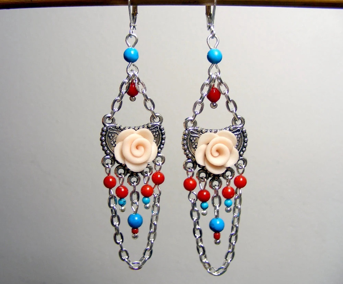 Cercei lungi cercei coral cercei atarnatori trandafir semipretioase cercei ocazie cercei moderni cadou martie martisor - bijuterii - cercei - cercei din pietre semiprețioase - Artynos.ro