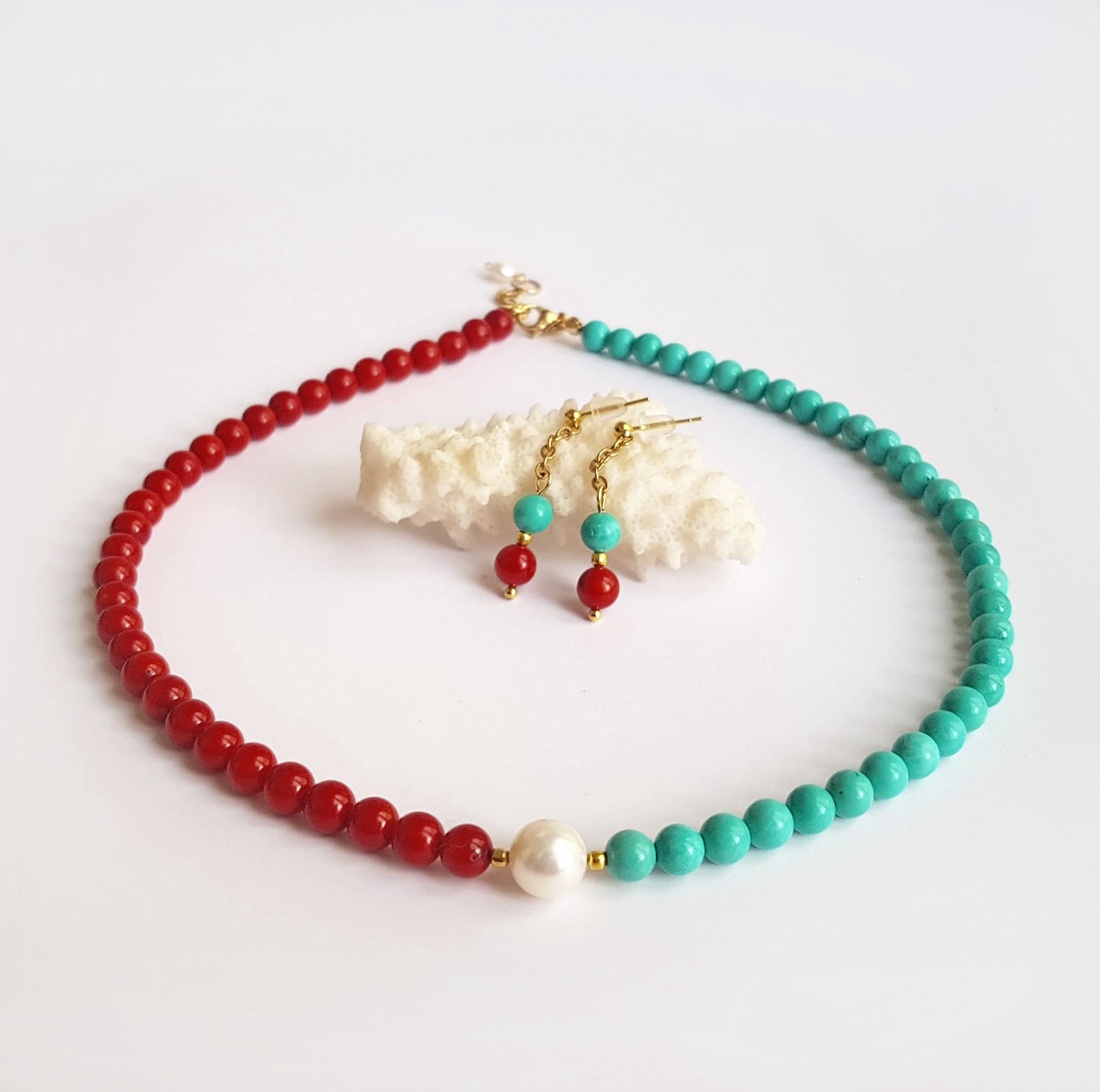 Set bijuterii colier si cercei colier coral turcoazchoker pietre semipretioase set colier cercei minimalist cadou iubita - bijuterii - seturi de bijuterii - Artynos.ro