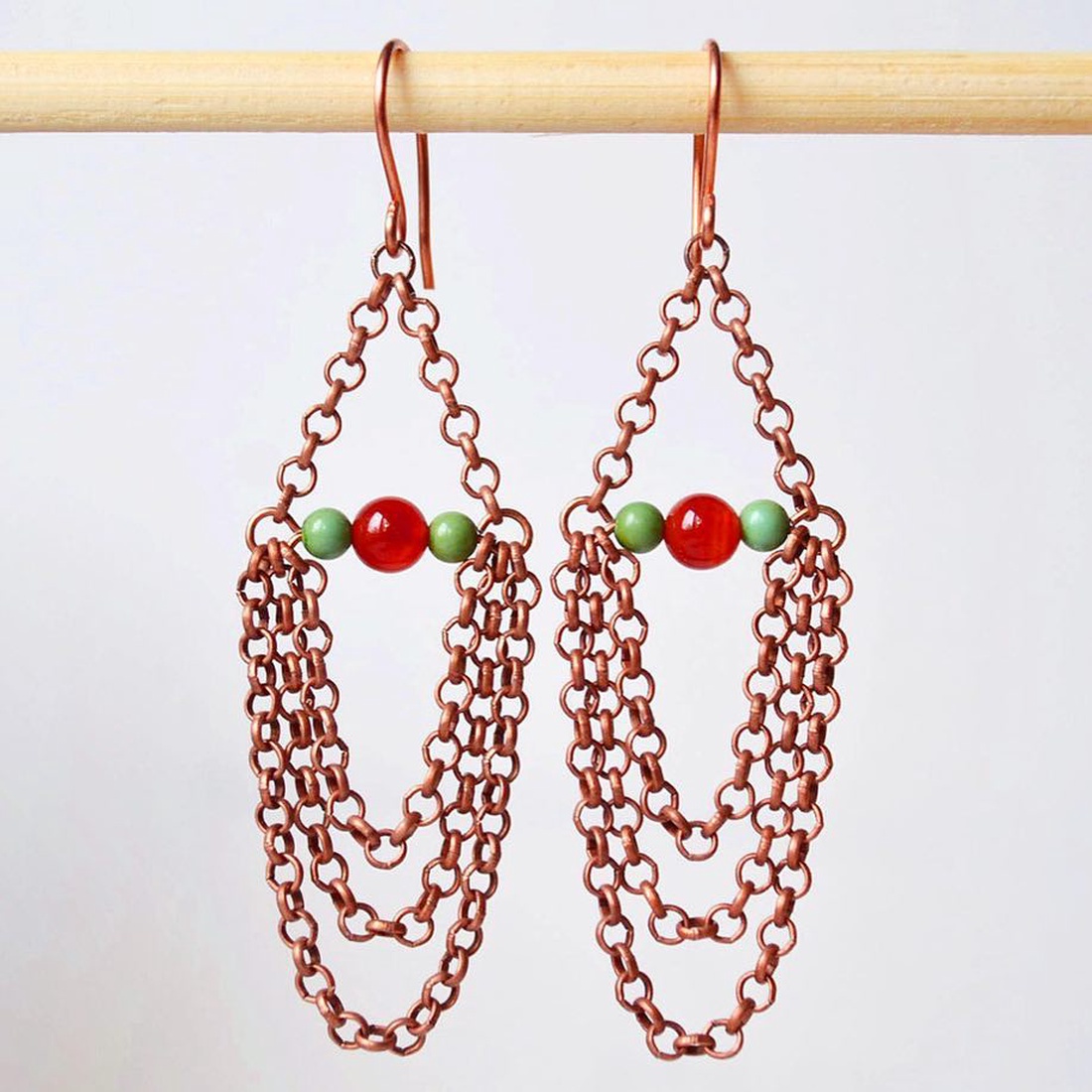 Cercei lungi boemi din cupru cercei cu agate cercei boho chic lant dust shoulder cercei artizanali bijuterii handmade  - bijuterii - cercei - cercei lungi - Artynos.ro