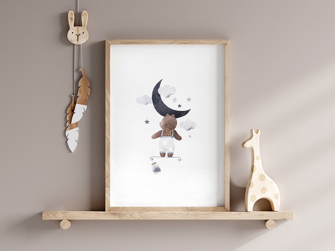 Tablou personalizat pentru camera copiilor, decorațiuni pentru camera bebelușului, ursuleț de pluș, lună, curcubeu, artă de perete set de 3 -  - Artynos.ro