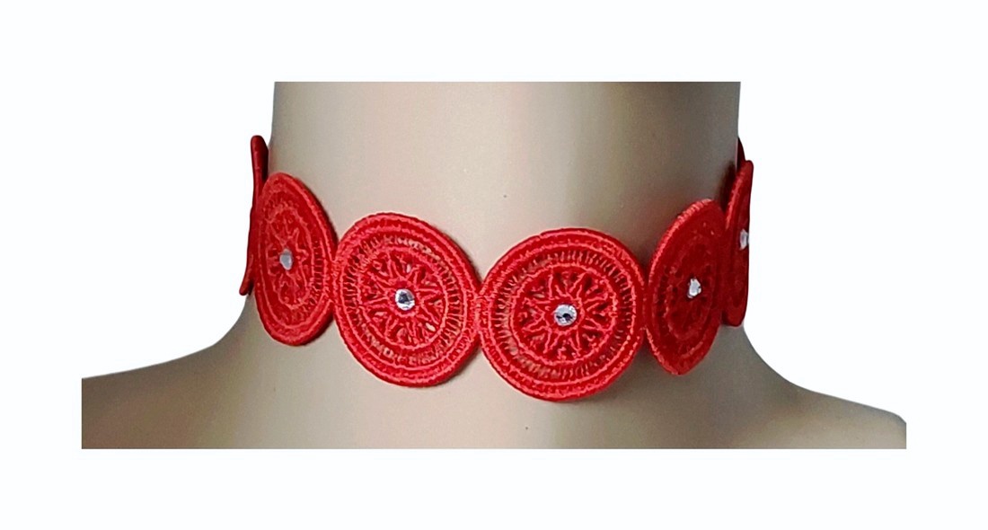 Choker Rosu Brodat cu Cristale  - bijuterii - coliere - chockere - Artynos.ro