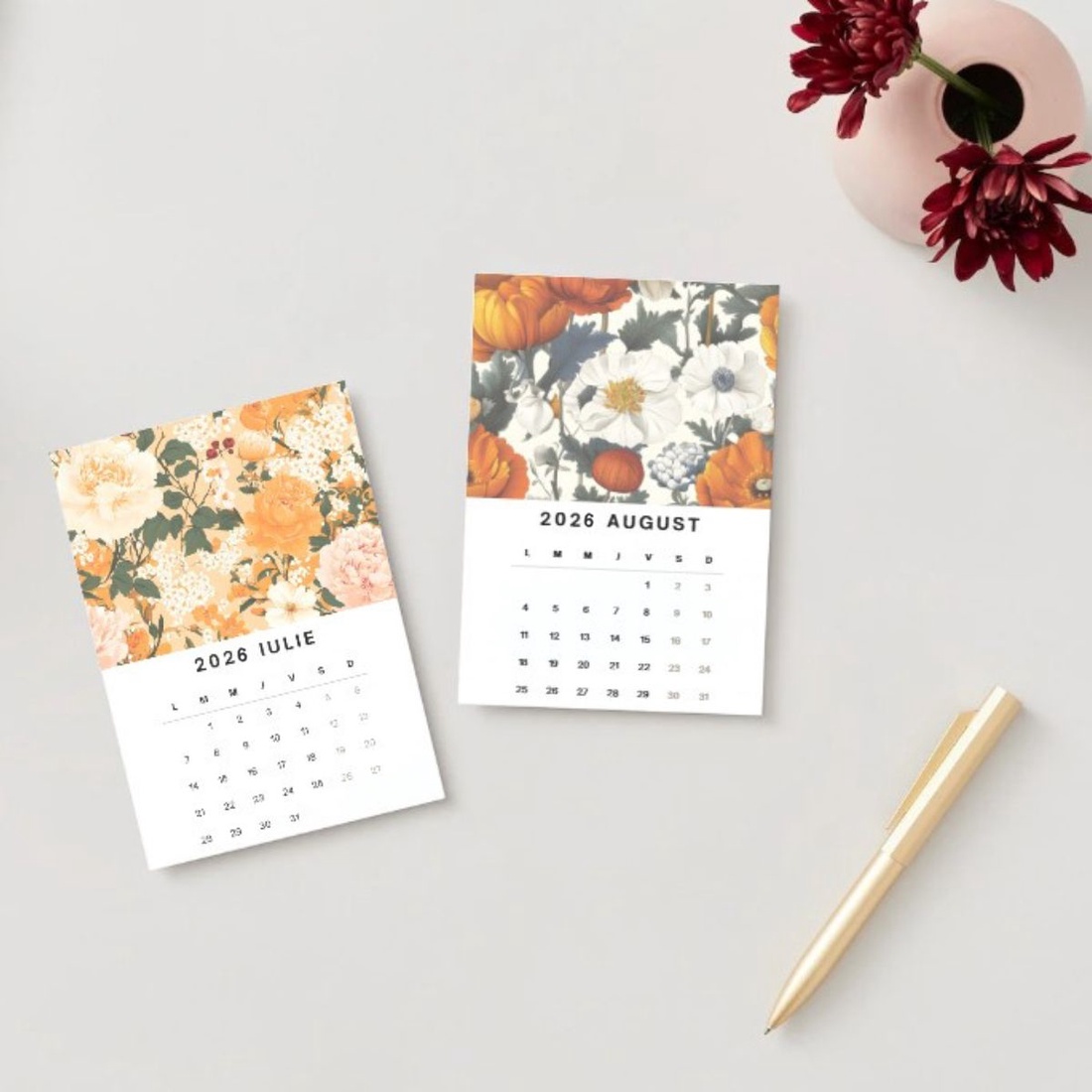 Calendar cu flori decorative elegante, 2026, calendar de birou cu suport negru - casă & stil de viață - papetărie de hârtie - calendar și planificator - Artynos.ro