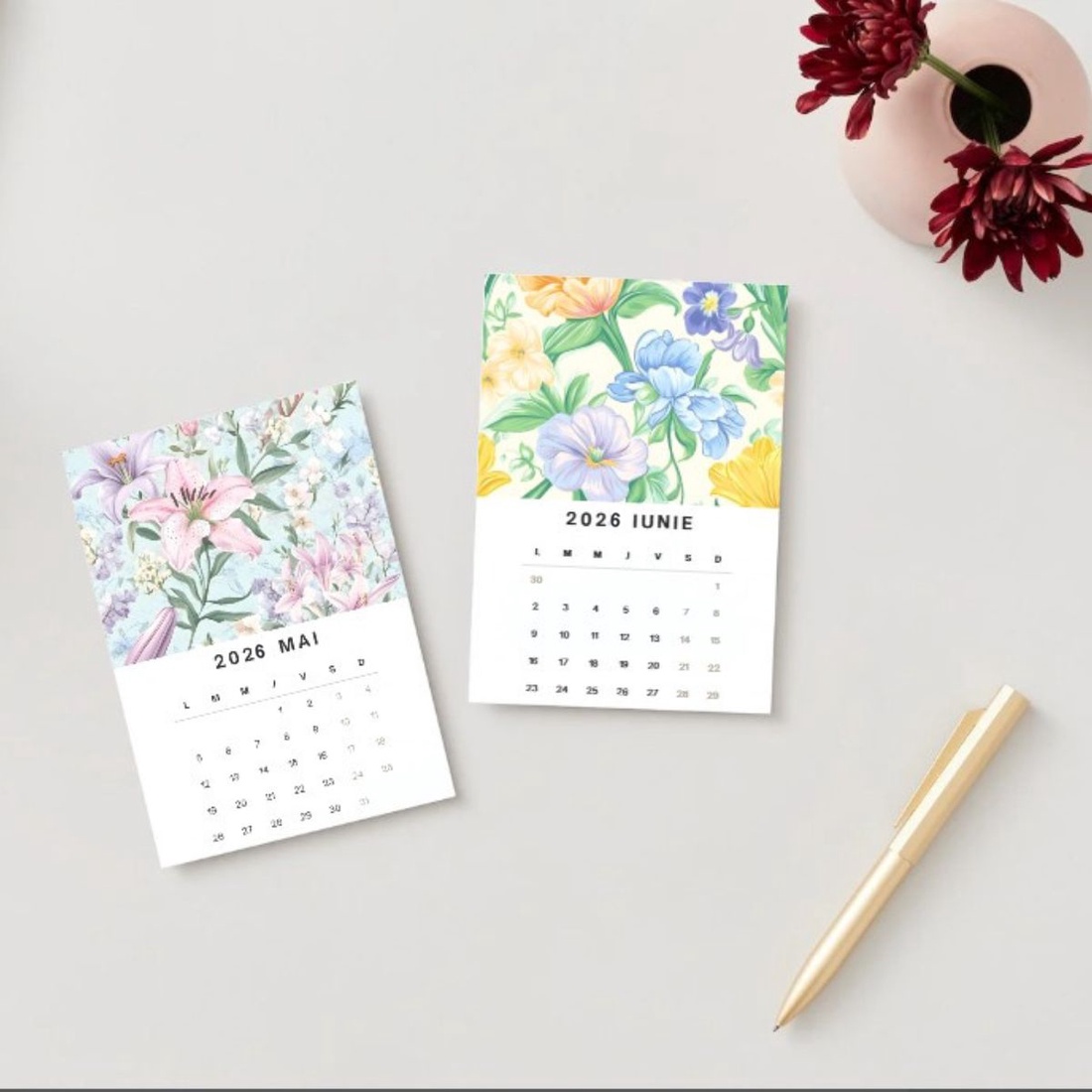 Calendar cu flori decorative elegante, 2026, calendar de birou cu suport negru - casă & stil de viață - papetărie de hârtie - calendar și planificator - Artynos.ro