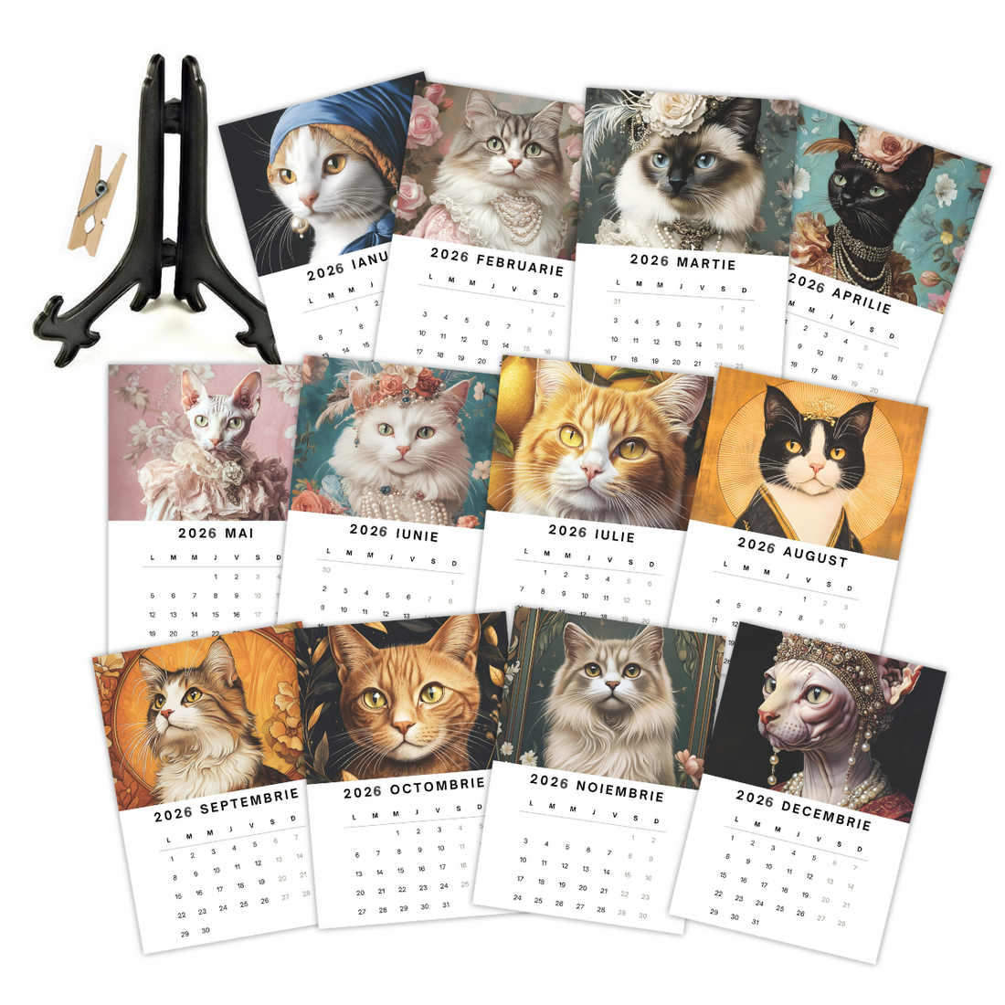 Calendar cu pisici elegante, 2026, calendar de birou cu suport negru - casă & stil de viață - papetărie de hârtie - calendar și planificator - Artynos.ro