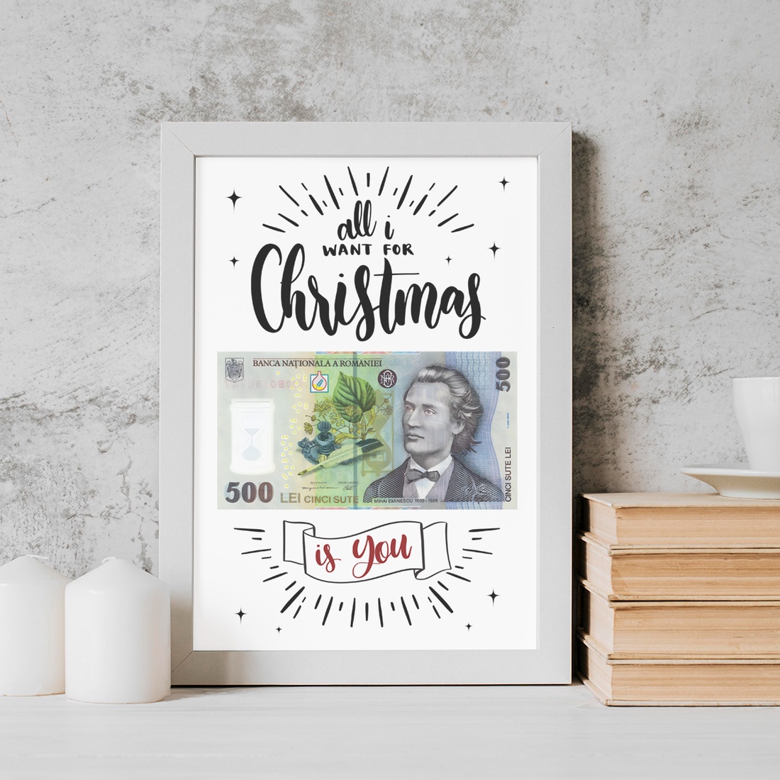 Tablou de Craciun A4 cu Bancnota lei, All I Want for Christmas is You Cadou Amuzant - cu felicitare - casă & stil de viață - accesorii pentru decorat casa - picturi murale - panouri și tablouri, panouri decorative - Artynos.ro