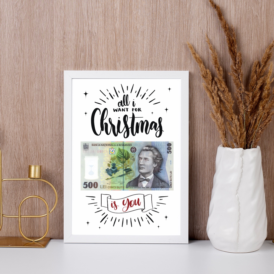 Tablou de Craciun A4 cu Bancnota lei, All I Want for Christmas is You Cadou Amuzant - cu felicitare - casă & stil de viață - accesorii pentru decorat casa - picturi murale - panouri și tablouri, panouri decorative - Artynos.ro