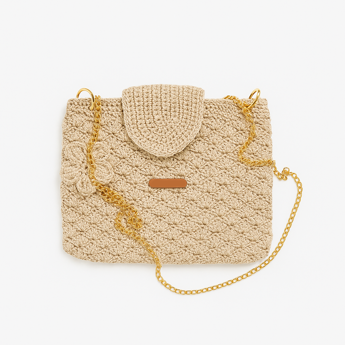 Poseta crosetata bej, Curea din lant auriu, handmade - genți și portofele - genți de mână și umăr - geantă casual - Artynos.ro