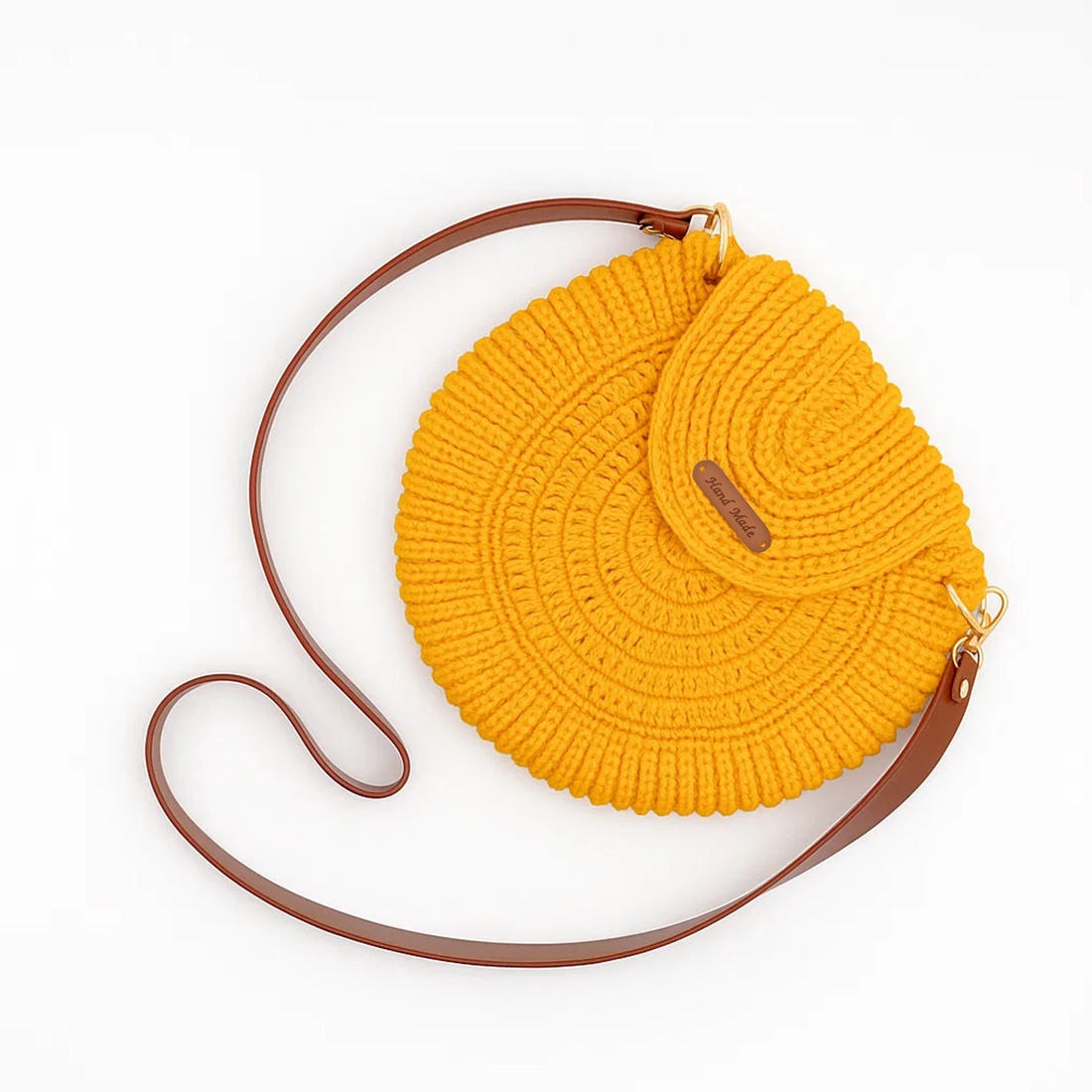 Poseta orange rotunda crosetata, curea din piele maro, handmade - genți și portofele - genți de mână și umăr - geantă casual - Artynos.ro