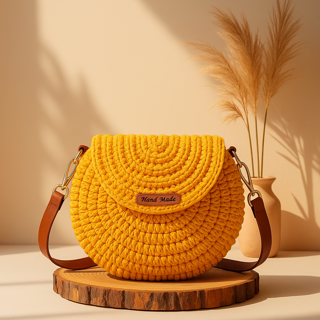 Poseta orange rotunda crosetata, curea din piele maro, handmade - genți și portofele - genți de mână și umăr - geantă casual - Artynos.ro