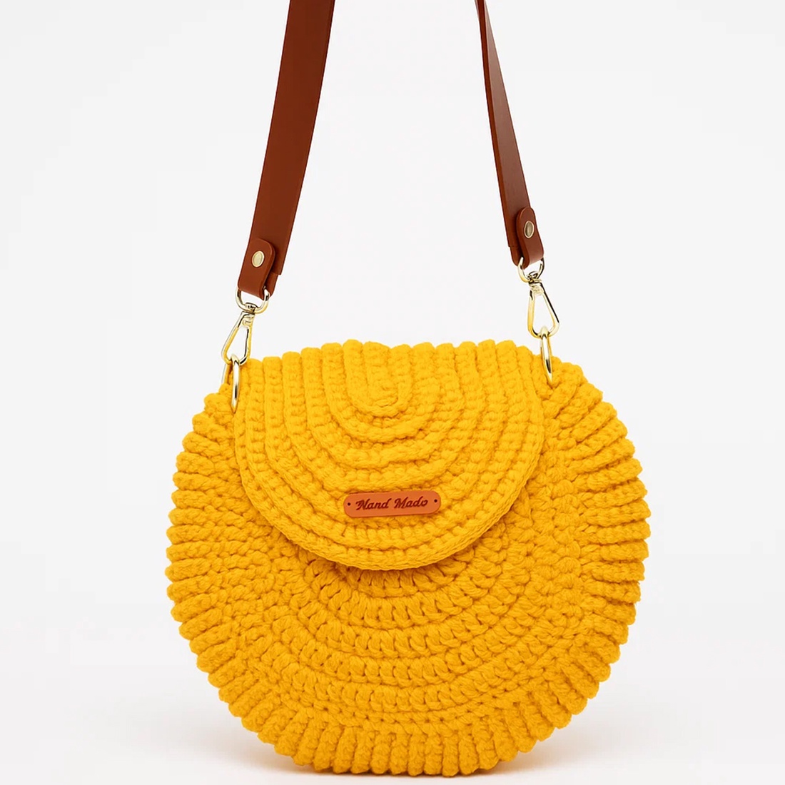 Poseta orange rotunda crosetata, curea din piele maro, handmade - genți și portofele - genți de mână și umăr - geantă casual - Artynos.ro