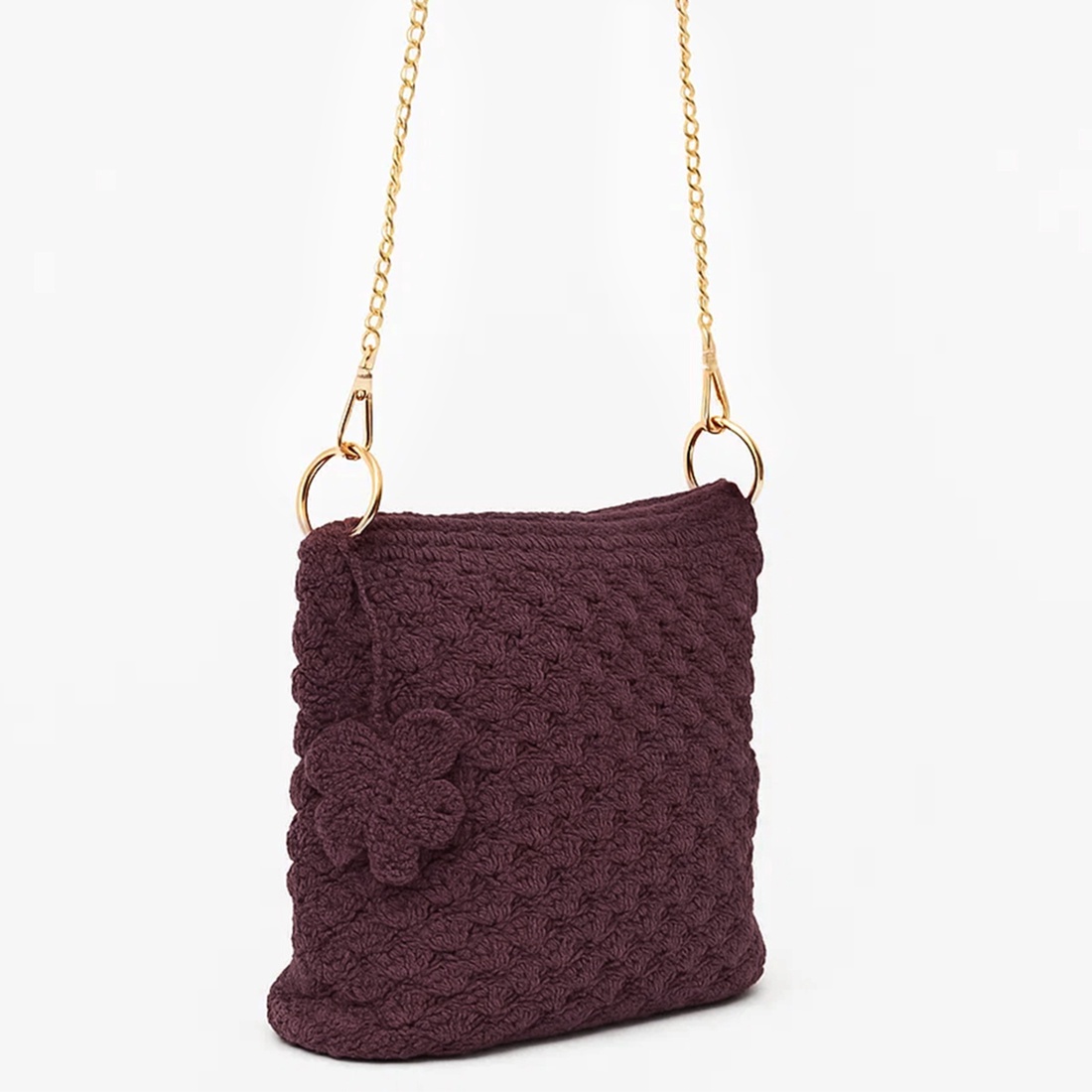 Poseta crosetata maro, Curea din lant auriu, handmade - genți și portofele - genți de mână și umăr - geantă casual - Artynos.ro