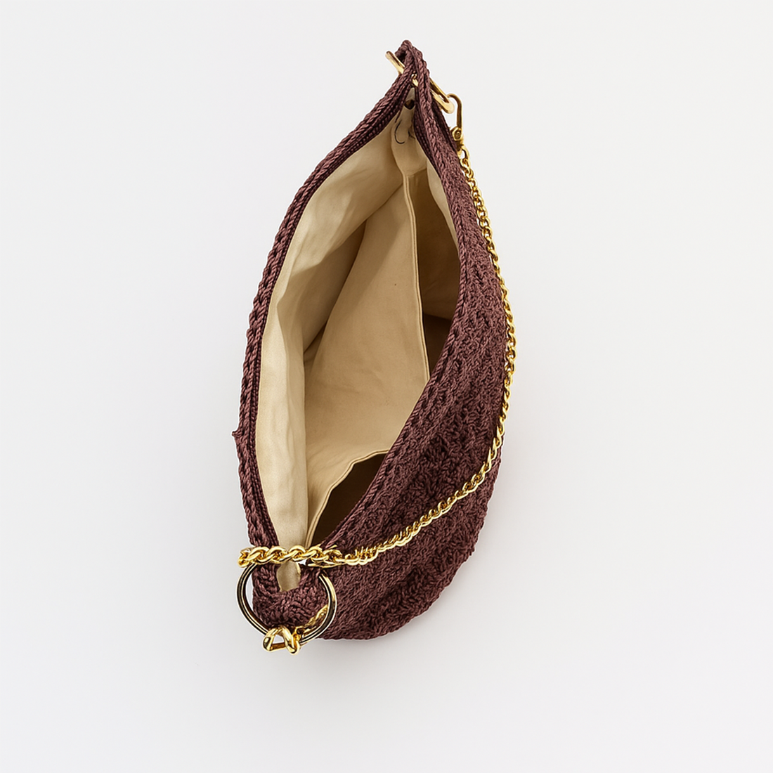 Poseta crosetata maro, Curea din lant auriu, handmade - genți și portofele - genți de mână și umăr - geantă casual - Artynos.ro