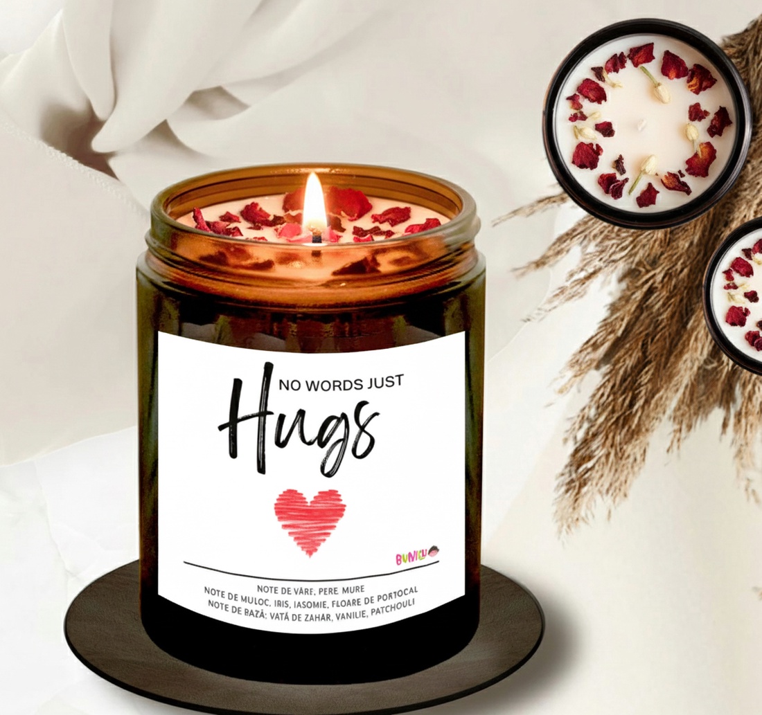 Lumanare parfumata BUNILU, ceara de soia, recipient sticla cu capac, mesaj iubire, 100% biodegradabila, 150 ml - casă & stil de viață - lumânări, parfumuri, arome - lumânări artizanale - Artynos.ro
