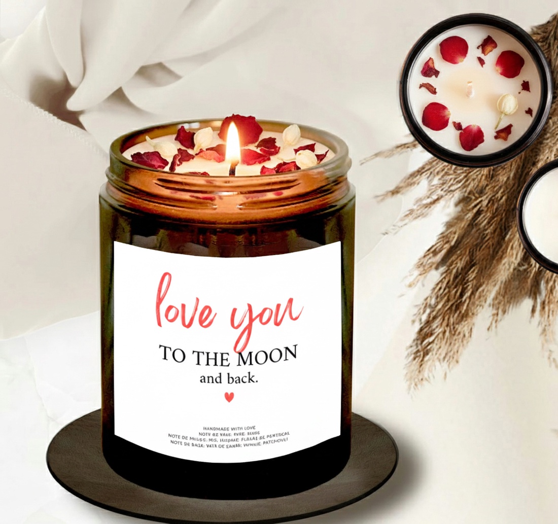 Lumanare parfumata BUNILU, ceara de soia, recipient sticla cu capac, mesaj love you to the moon, 100% biodegradabila, 15 - casă & stil de viață - lumânări, parfumuri, arome - lumânări artizanale - Artynos.ro