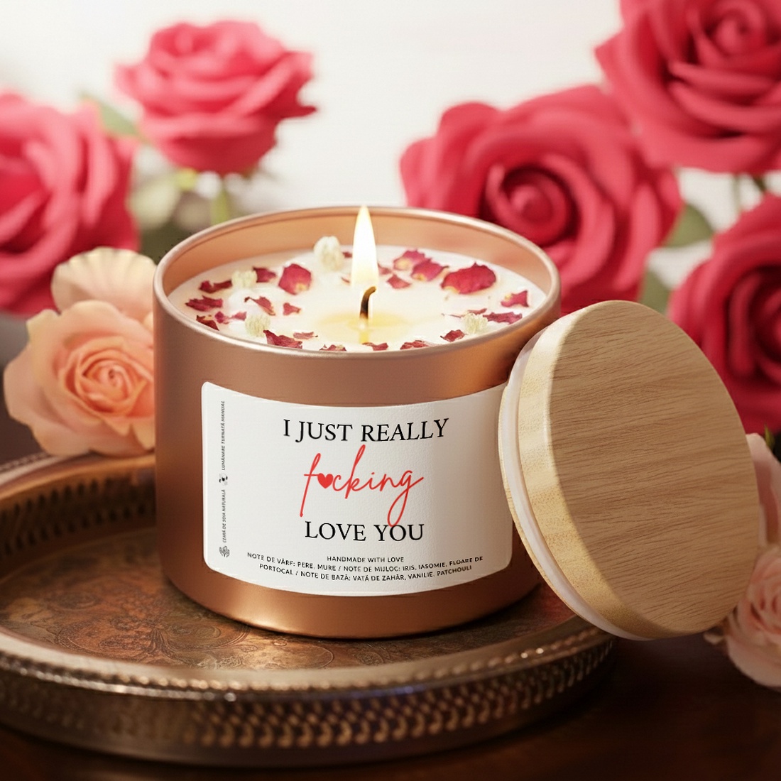 Lumanare parfumata , mesaj iubire, borcan metalic, parfum floral - casă & stil de viață - lumânări, parfumuri, arome - lumânări artizanale - Artynos.ro