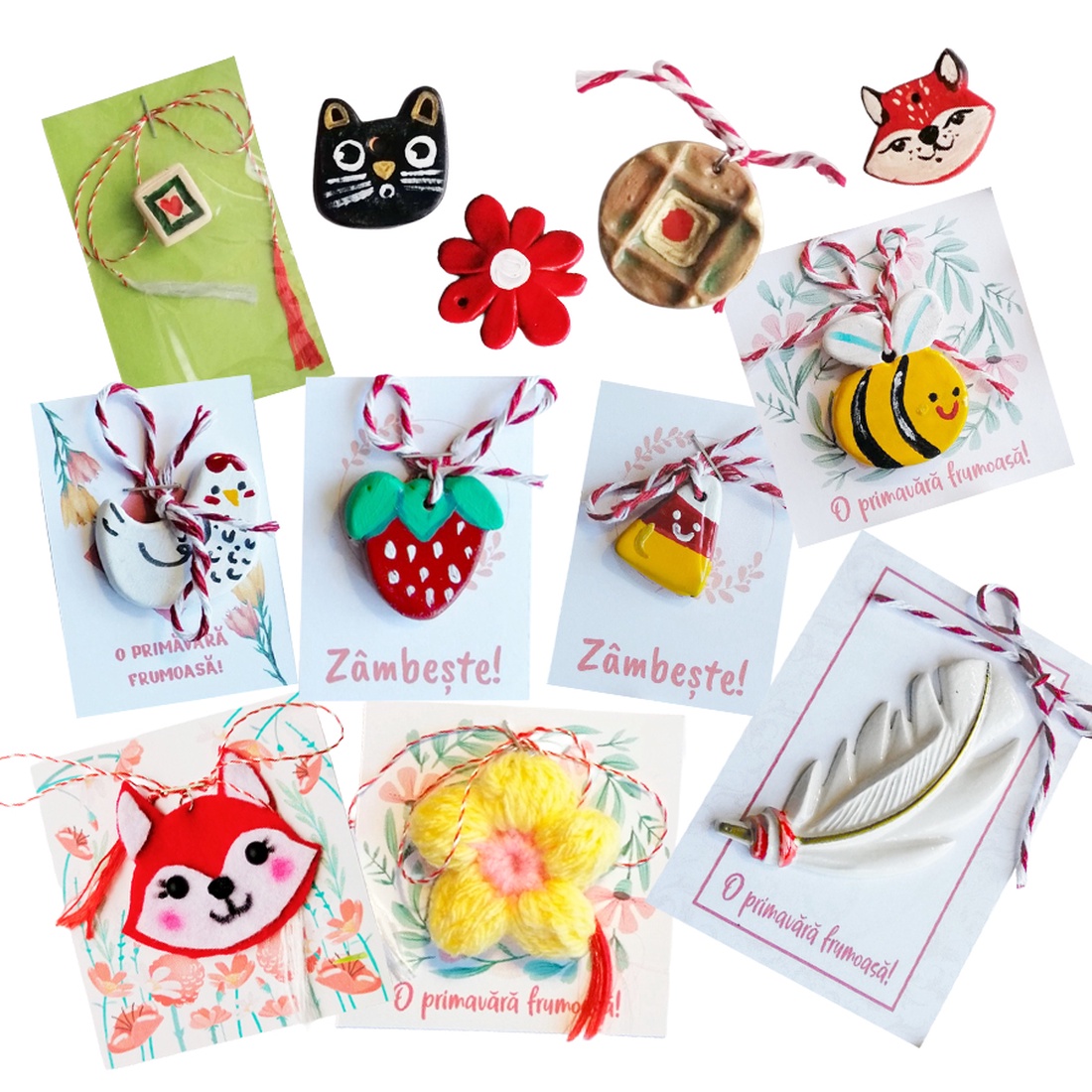 Set 11 mărțișoare handmade din ceramică pictată, fetru și croșetate - bijuterii - mărțișor - Artynos.ro