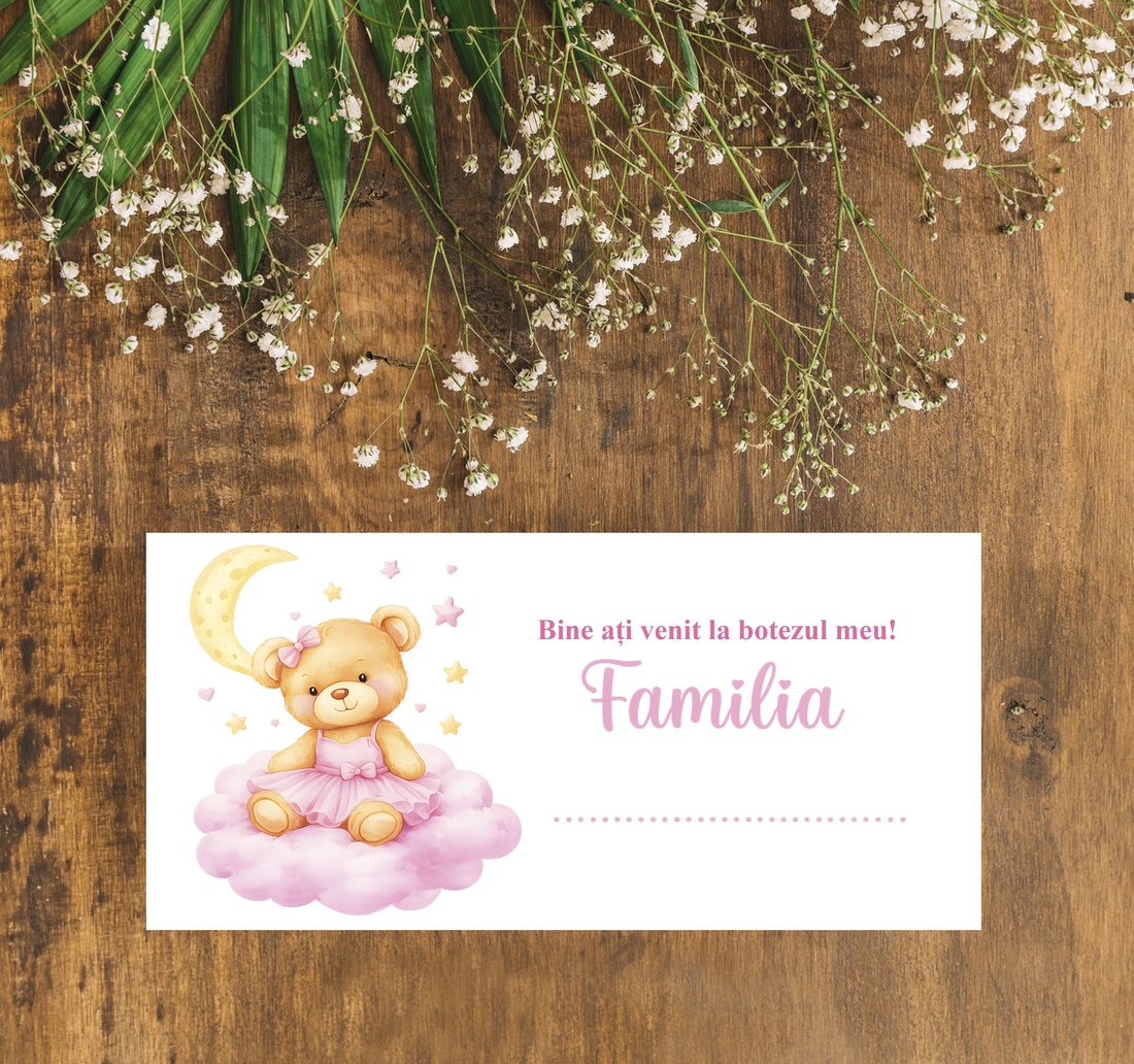 Plic de bani pentru botez model ursulet fetita in rochita roz - accesorii nuntă - amintiri și cadouri de nuntă - cadou nuntă - plic de bani, card - Artynos.ro