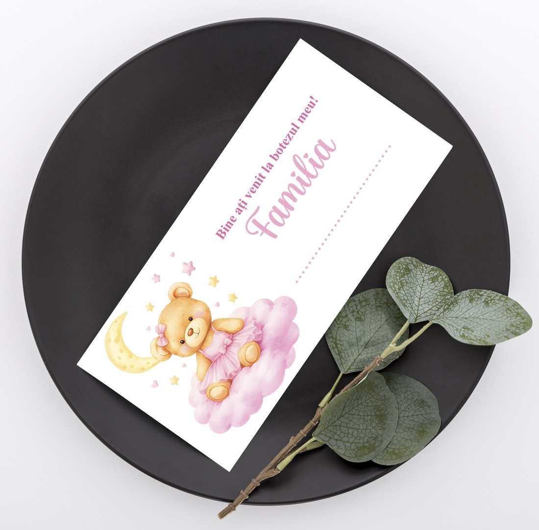 Plic de bani pentru botez model ursulet fetita in rochita roz - accesorii nuntă - amintiri și cadouri de nuntă - cadou nuntă - plic de bani, card - Artynos.ro