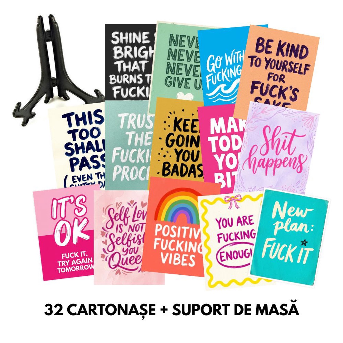 Set 32 Cartonașe Motivationale + Stand , Positive F-cking Vibes - casă & stil de viață - produse de papetărie - copertă de carte și caiet - Artynos.ro