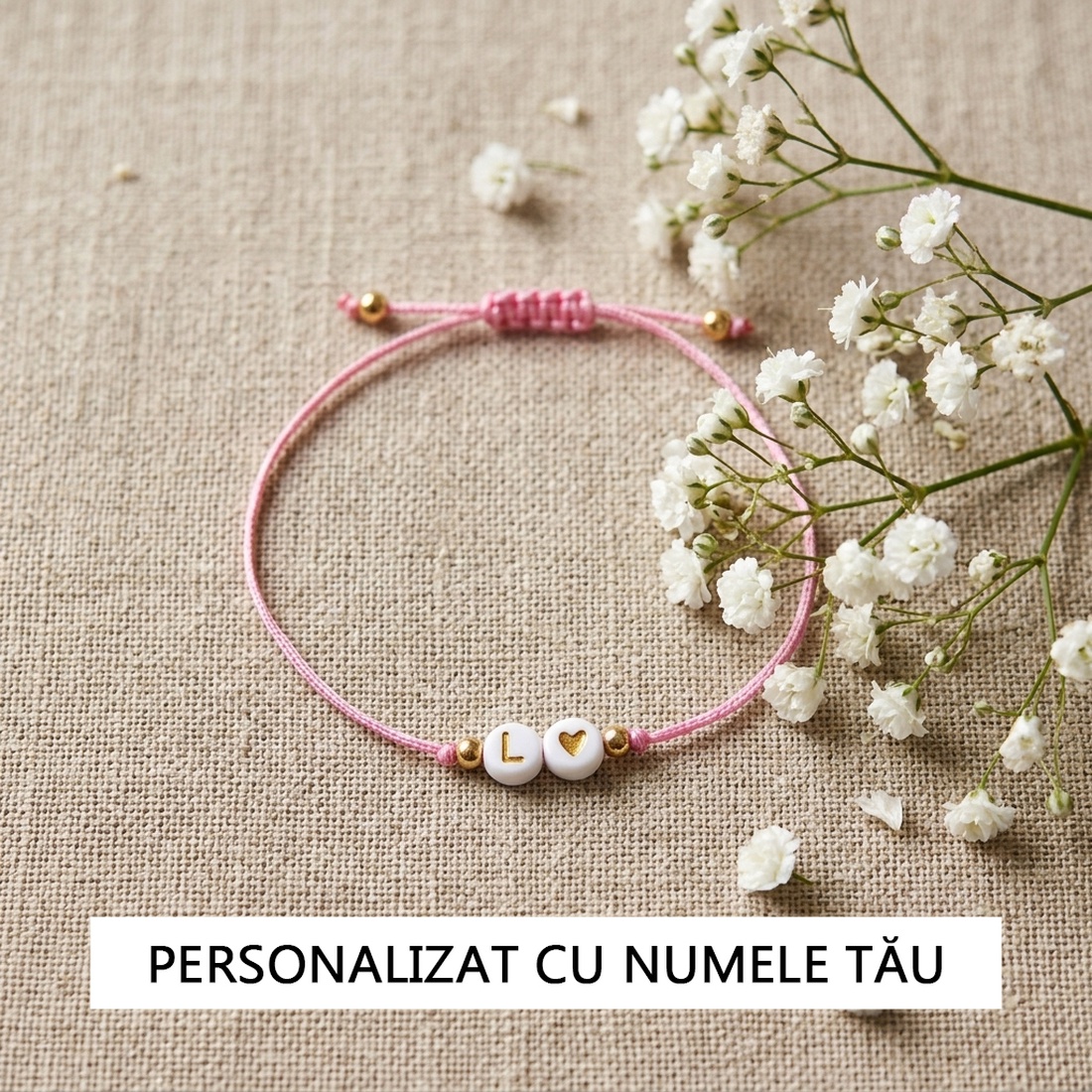 Brățară Personalizată cu Nume, Litere Aurii, Șnur Reglabil și Cartonaș cu mesaj - bijuterii - brățări - brățări cu nume - Artynos.ro