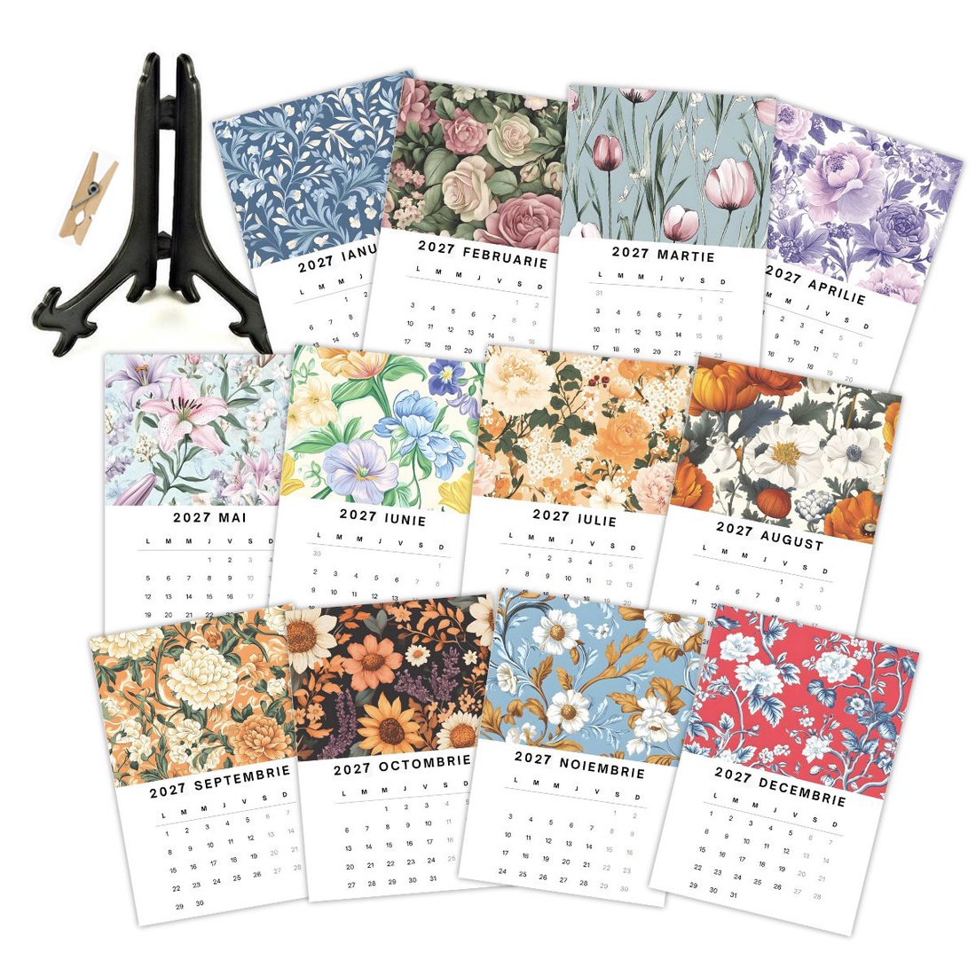 Calendar cu flori decorative elegante, 2027, calendar de birou cu suport negru - casă & stil de viață - produse de papetărie - calendar și planificator - Artynos.ro