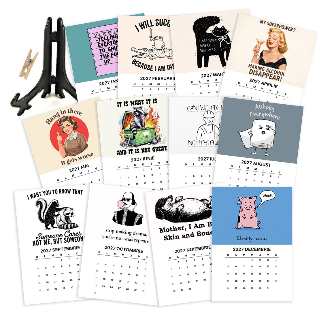 Calendar cu amuzant, 2027, calendar de birou cu suport negru - casă & stil de viață - produse de papetărie - calendar și planificator - Artynos.ro
