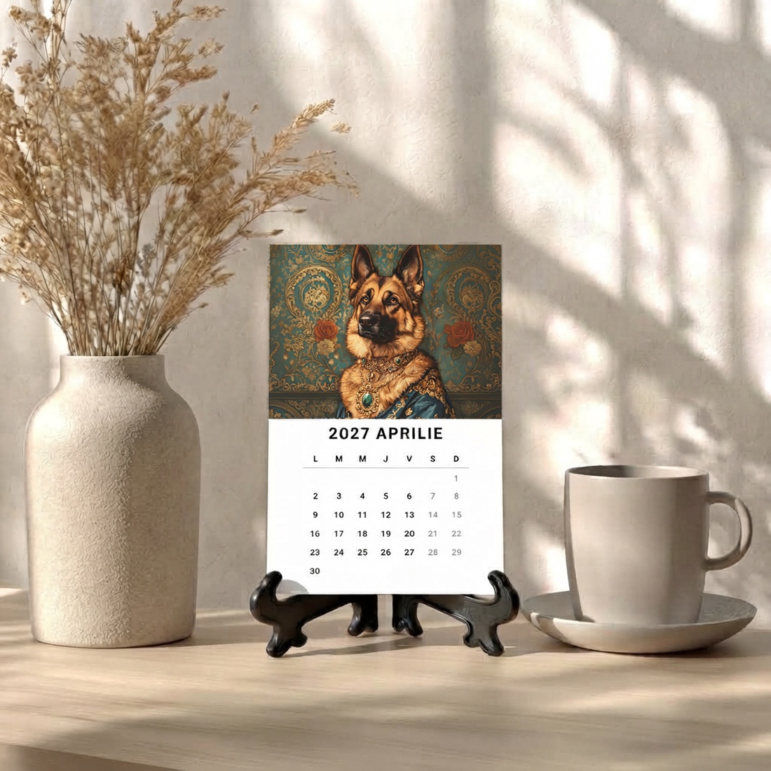Calendar de Masă 2027 cu Suport Negru, Calendar de Birou cu Câini, 12 File cu Ilustrații Elegante - casă & stil de viață - produse de papetărie - calendar și planificator - Artynos.ro