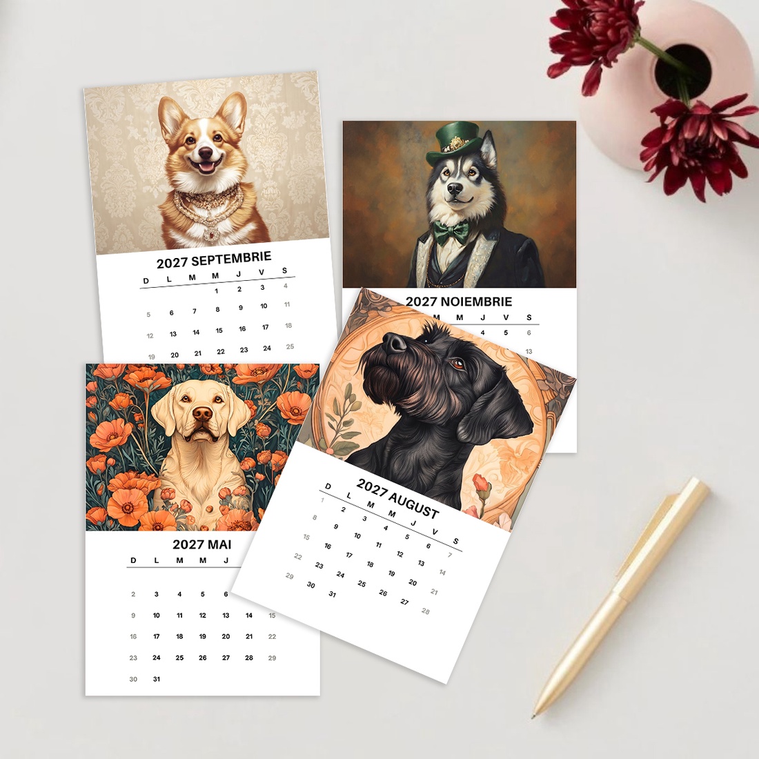 Calendar de Masă 2027 cu Suport Negru, Calendar de Birou cu Câini, 12 File cu Ilustrații Elegante - casă & stil de viață - produse de papetărie - calendar și planificator - Artynos.ro