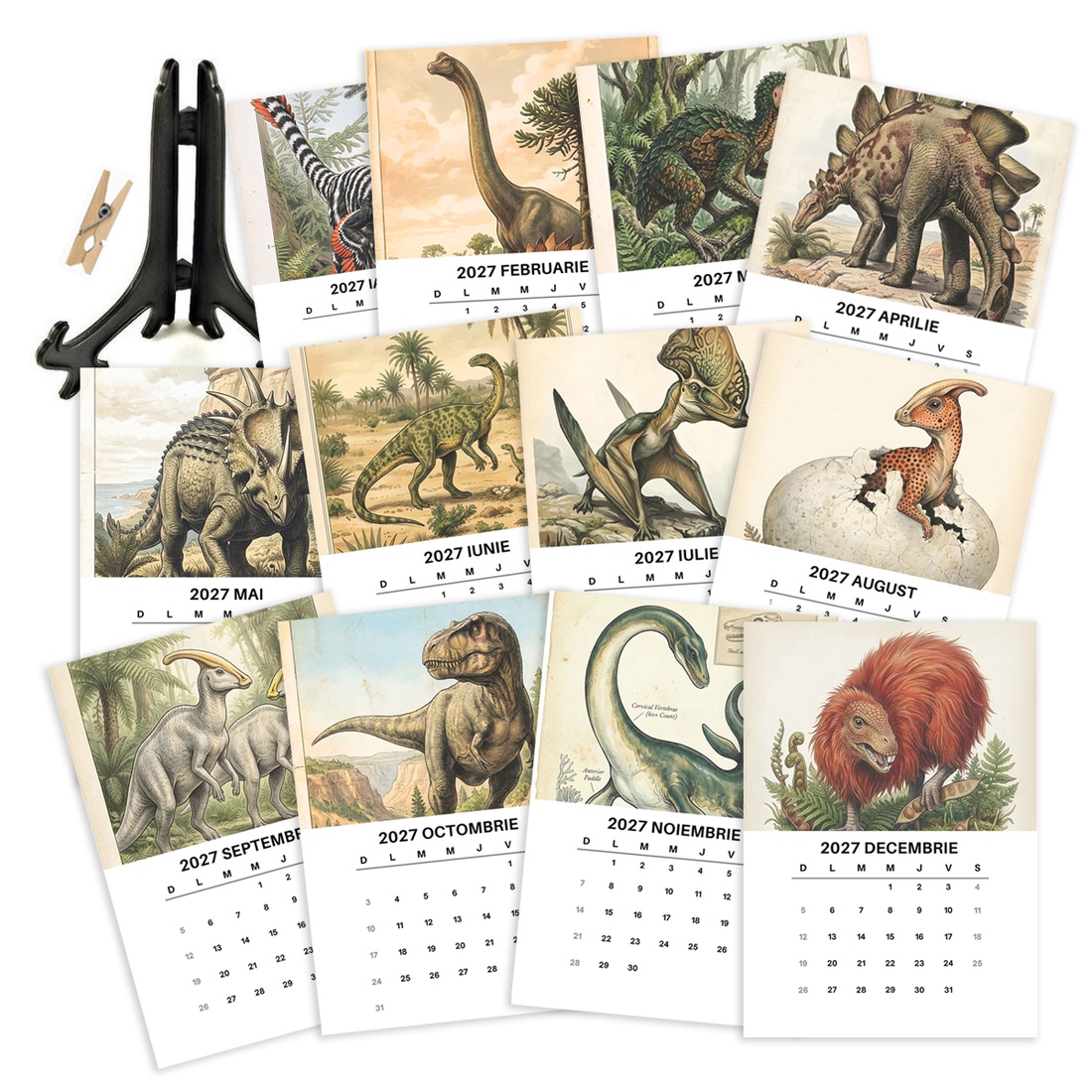 Calendar de Masă 2027 cu Suport Negru, Calendar de Birou cu Dinozauri, 12 File - casă & stil de viață - produse de papetărie - calendar și planificator - Artynos.ro