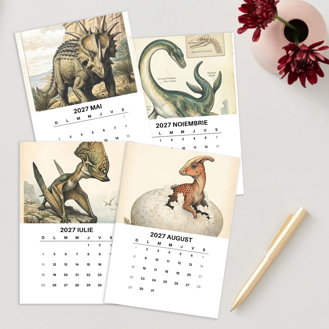 Calendar de Masă 2027 cu Suport Negru, Calendar de Birou cu Dinozauri, 12 File - casă & stil de viață - produse de papetărie - calendar și planificator - Artynos.ro