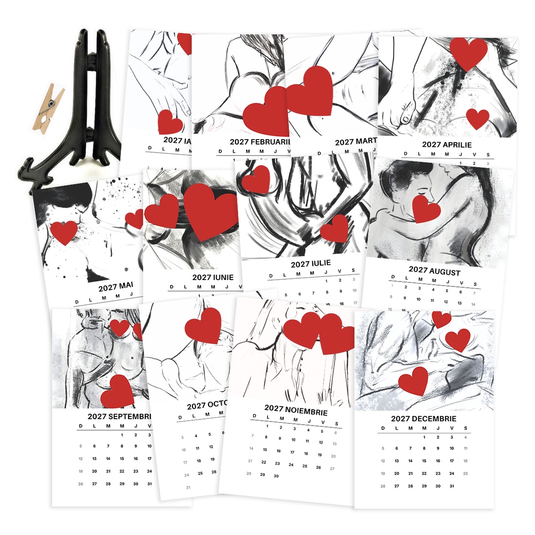 Calendar de Masă 2027 cu Suport Negru, Calendar Erotic cu Ilustrații cu Iubire, Sexy - casă & stil de viață - produse de papetărie - calendar și planificator - Artynos.ro