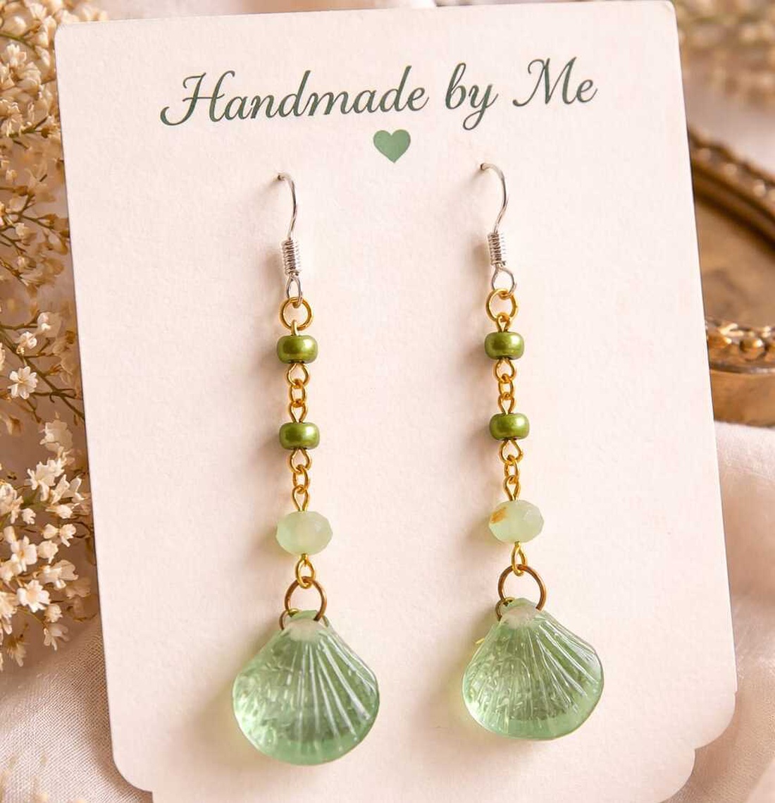 Cercei handmade verzi � scoică si mărgele sticlă, argint 925, boho elegant - bijuterii - cercei - cercei din sticlă - Artynos.ro