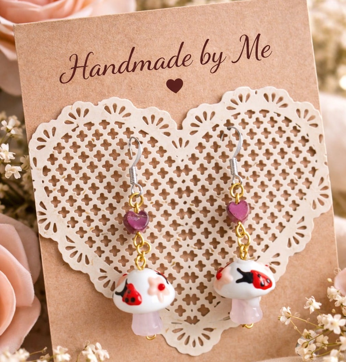 Cercei handmade ciupercuțe roz � inimioară fucsia, argint 925, cute aesthetic - bijuterii - cercei - cercei din pietre semiprețioase - Artynos.ro